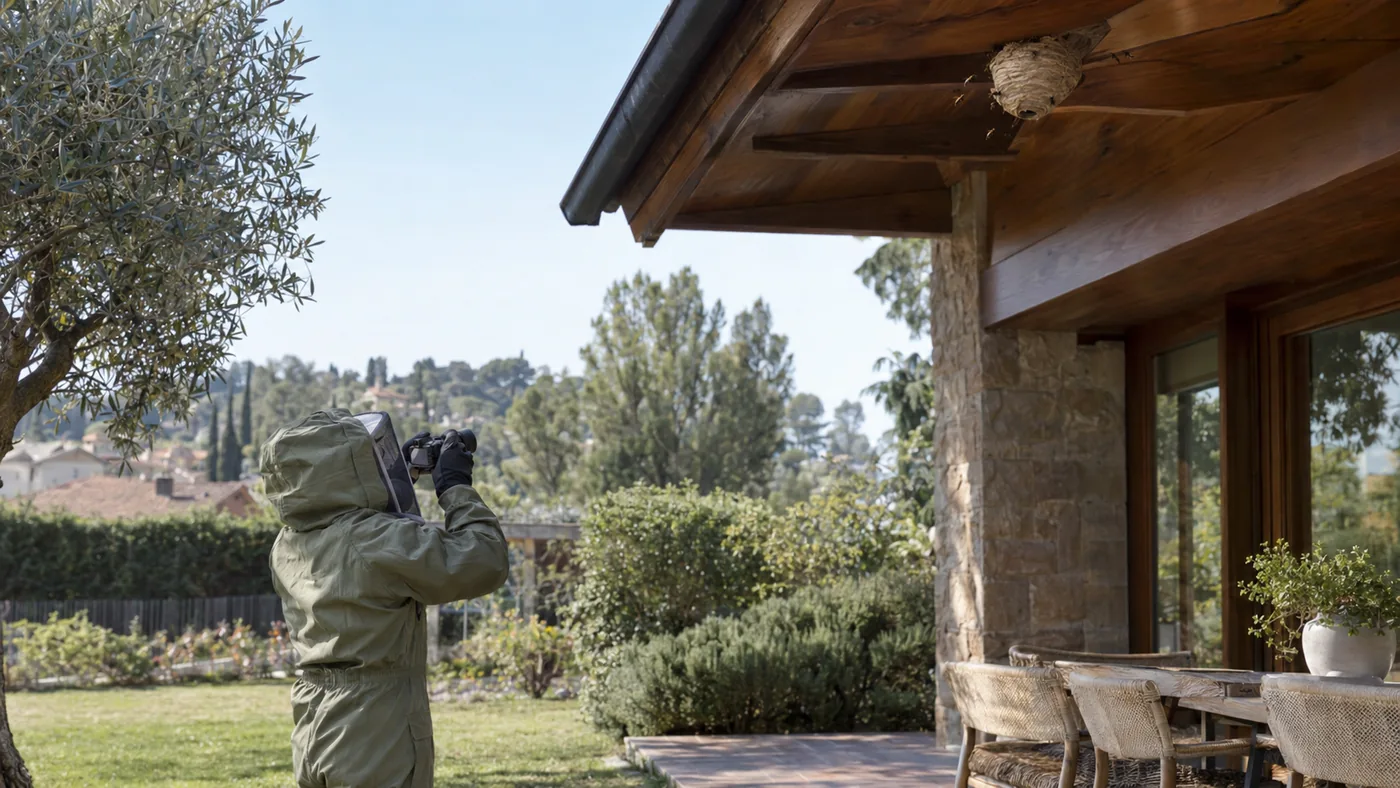 Técnico protegido inspeccionando a distancia un nido de avispas bajo un alero en Sant Cugat
