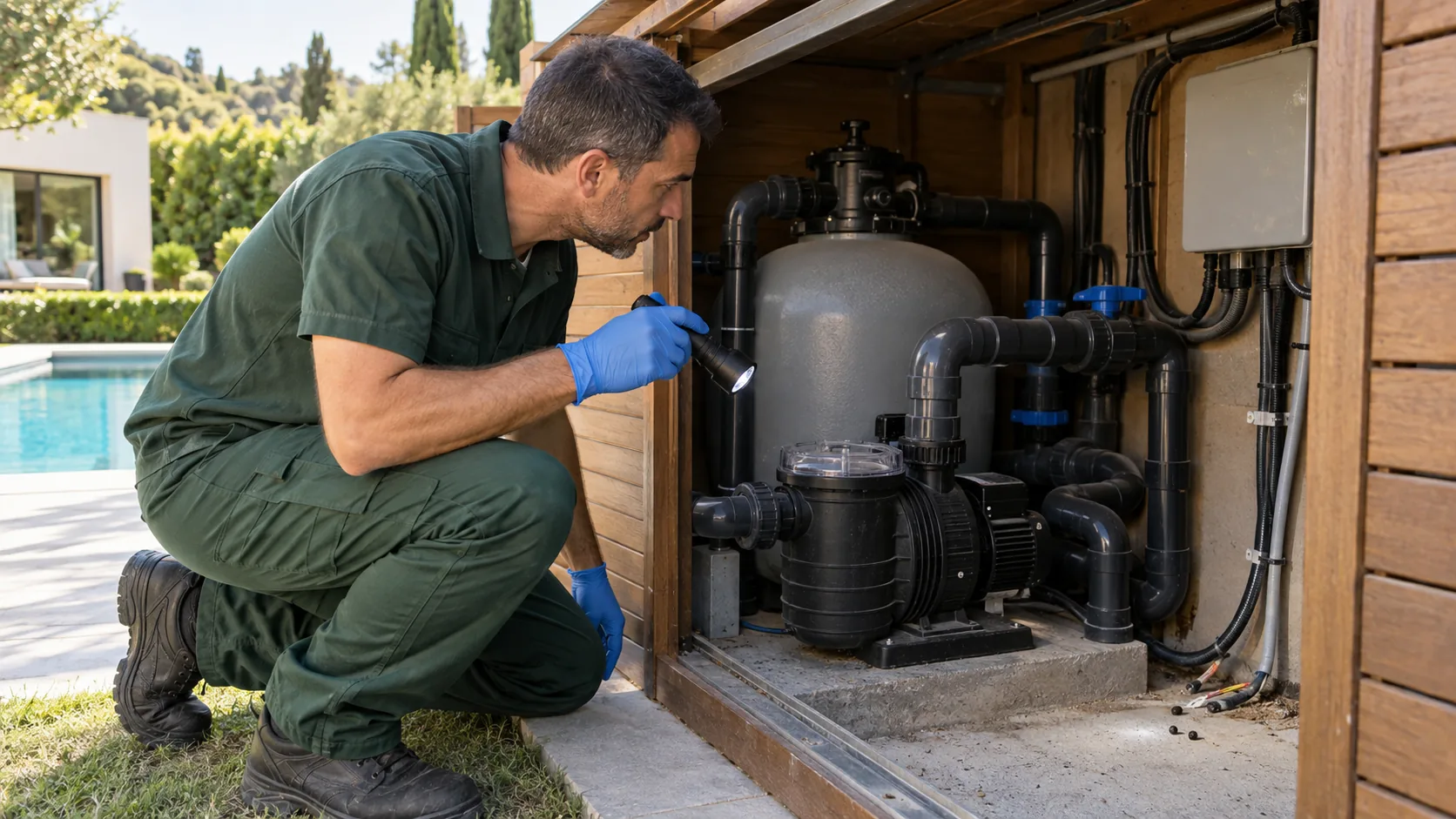 Técnico inspeccionando señales de roedores junto a la bomba y el filtro de una piscina en Sant Cugat